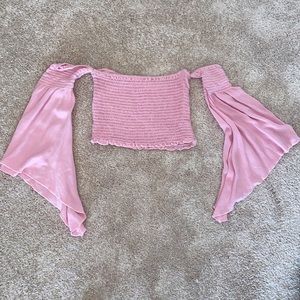 Light Pink, Smocked off the shoulder w/ flare sleeves top. Size Small.